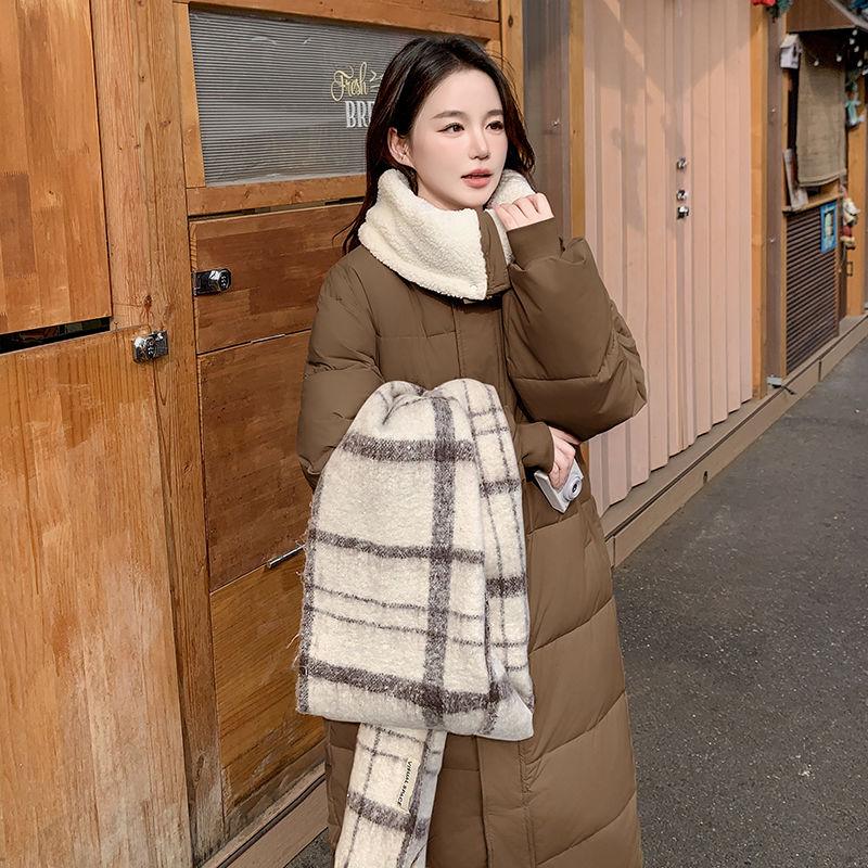 Winter Women Coat Long Length College Style Over Knee Big Collar Warm Lamb Wool Blend Jacket Trendy