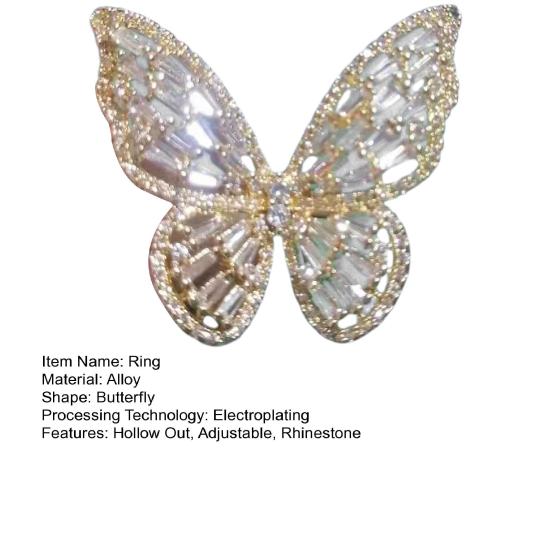 Kvinnerring uthult sommerfuglform Rhinestone legering Justerbar åpningsring Bankett Fest Bryllupssmykker