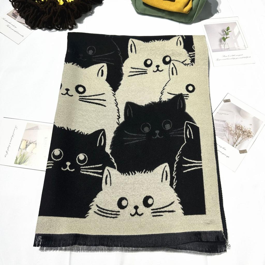 New All match Cute Cat Pattern Autumn and Winter Scarf for Women Winter Warm and Thickened Air Conditioned Shawl