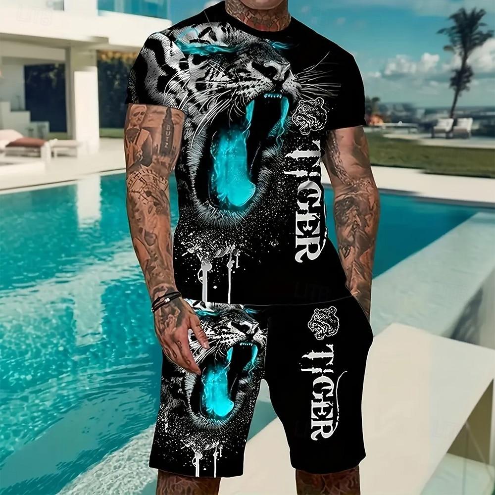 Men's Animal Tiger Tees Sets Summer Tops Short Sleeve Short Pants Crew Neck Sport Casual Trendy Outdoor Casual Daily Summer