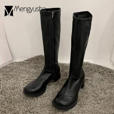 Große runde Zehenreitstiefel Damen Plüsch schlanke Kniehohe Stiefel PU-Lederschuhe Damen klobige hohe Absätze Schaftstiefel lang botas mujer