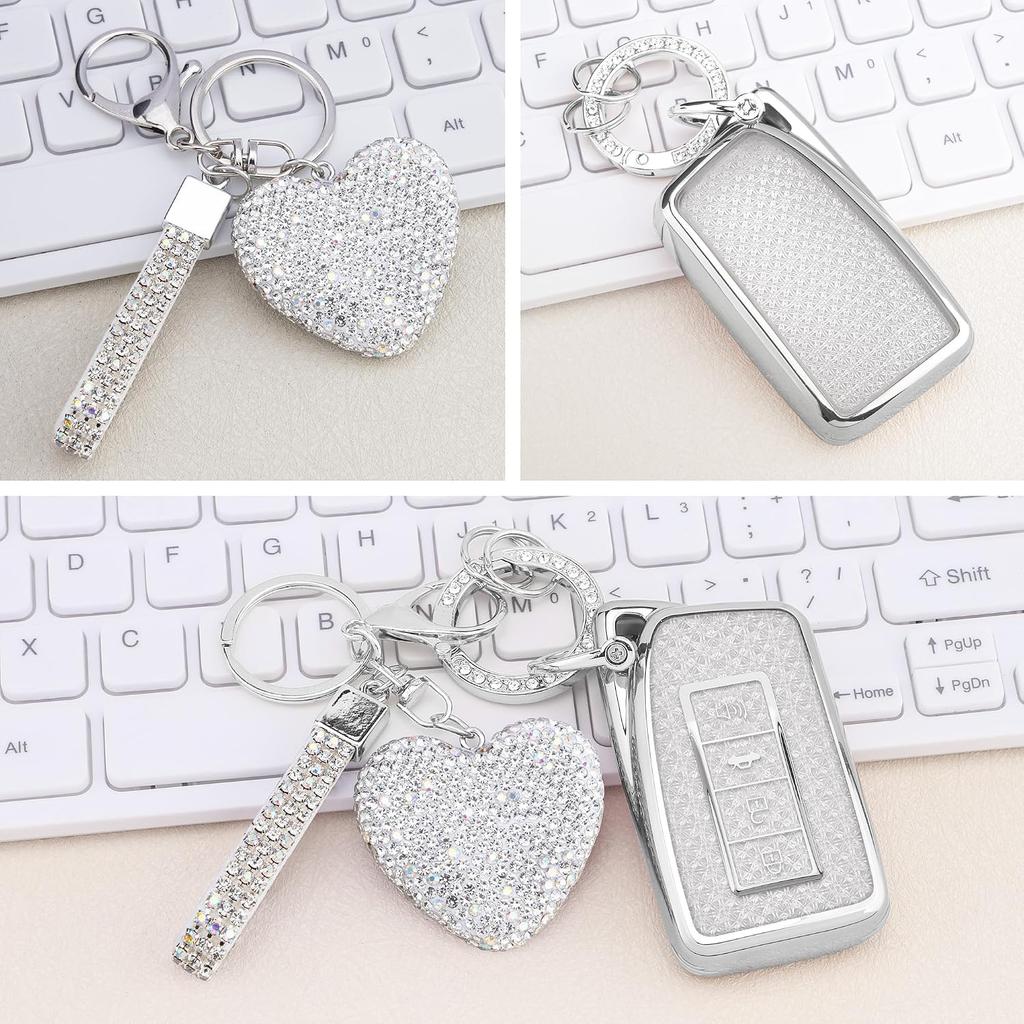 For Lexus Key Fob Cover with Diamond Heart Keychain, Car Accessories TPU for Lexus RX ES GS LS NX RS GX LX RC LC Smart Key, Silver Clear