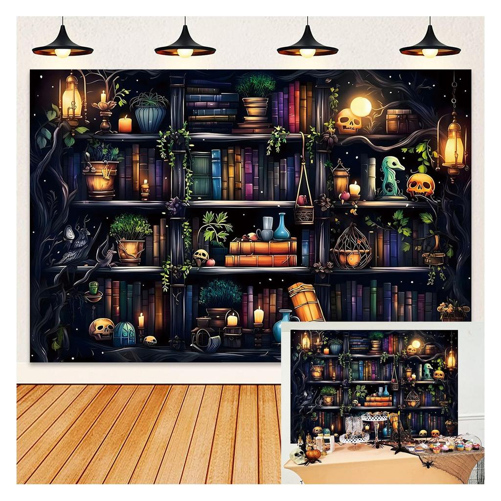 IADIUENOG 7x5ft Halloween Bookshelf Backdrop Skull Spooky Witch 7x5ft, black