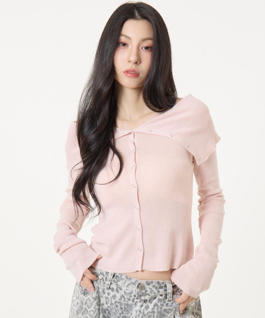 UNKNOWN PLANET Ring Snap Off-Shoulder Long Sleeve Knit Top Pink