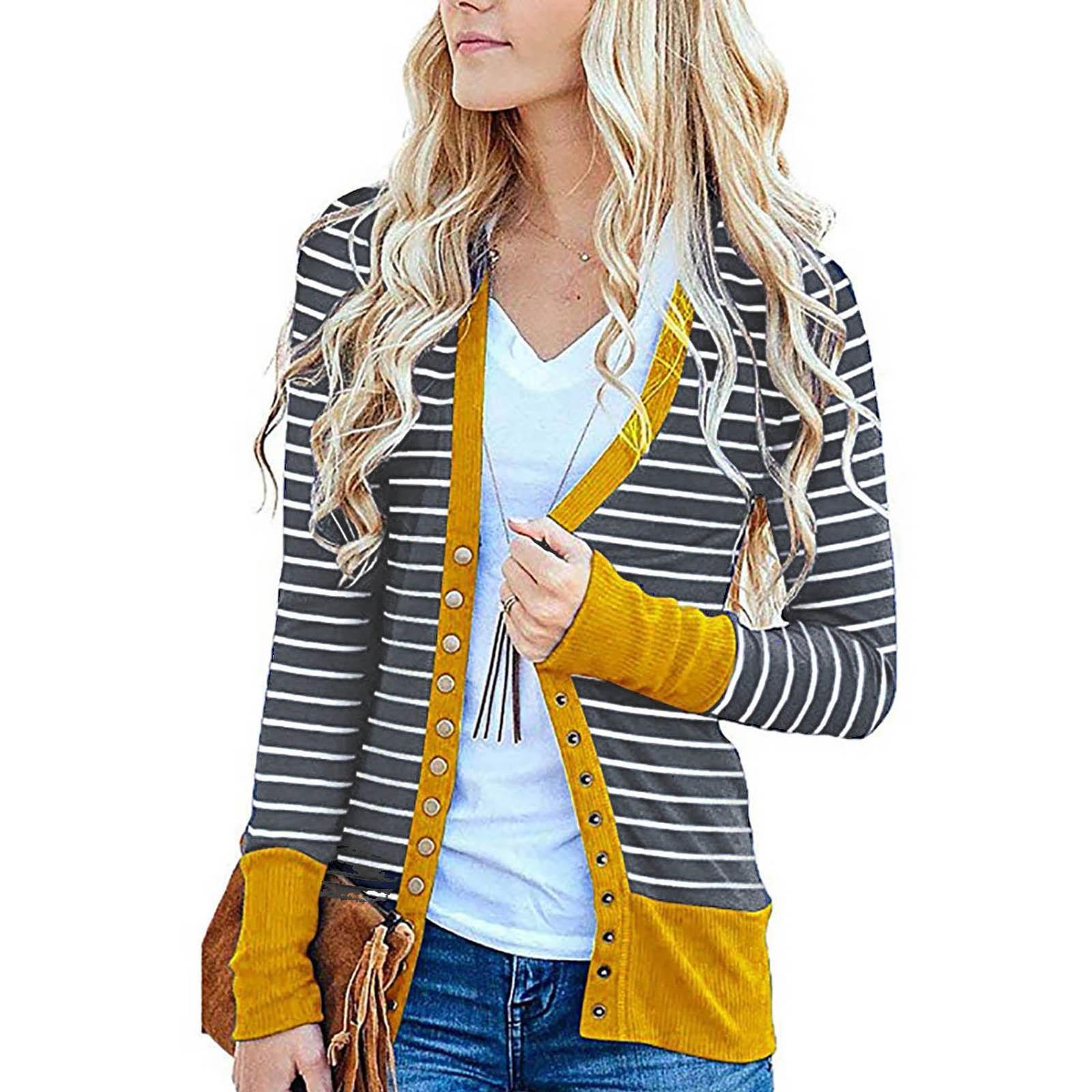 

Женская модная повседневная полосатая куртка-кардиган с длинными рукавами и топами XL жёлтый