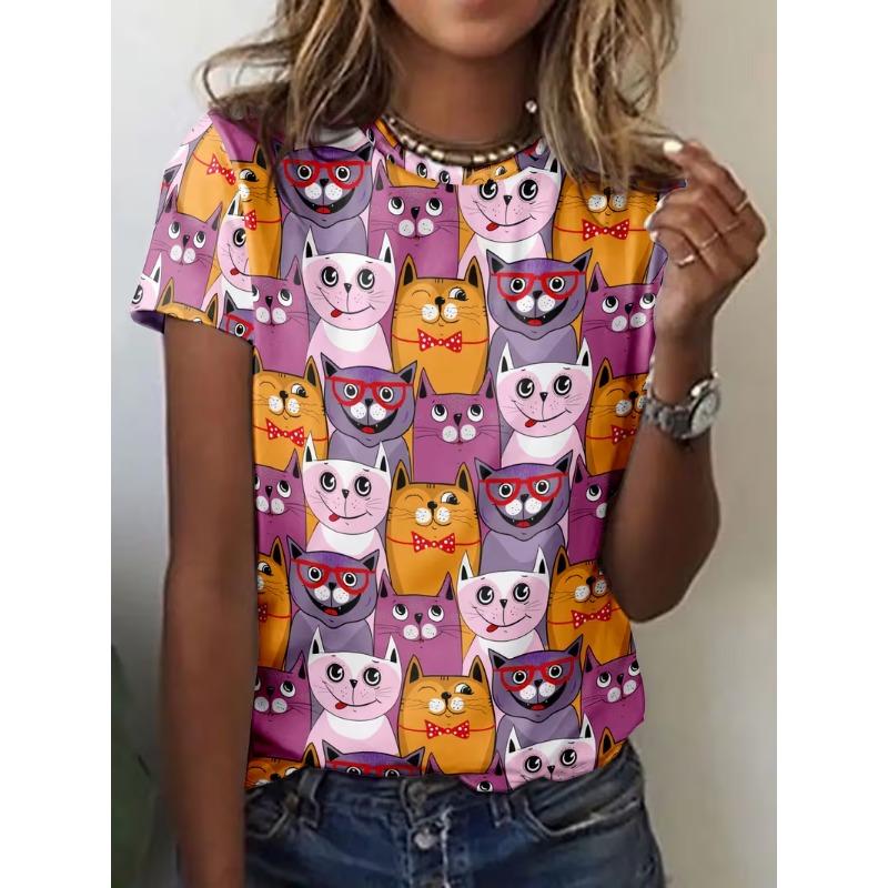 Summer Cute Cartoon Cat T-Shirts Women Short Sleeve Round Neck T Shirt Tees Harajuku Y2K Top Female Clothing