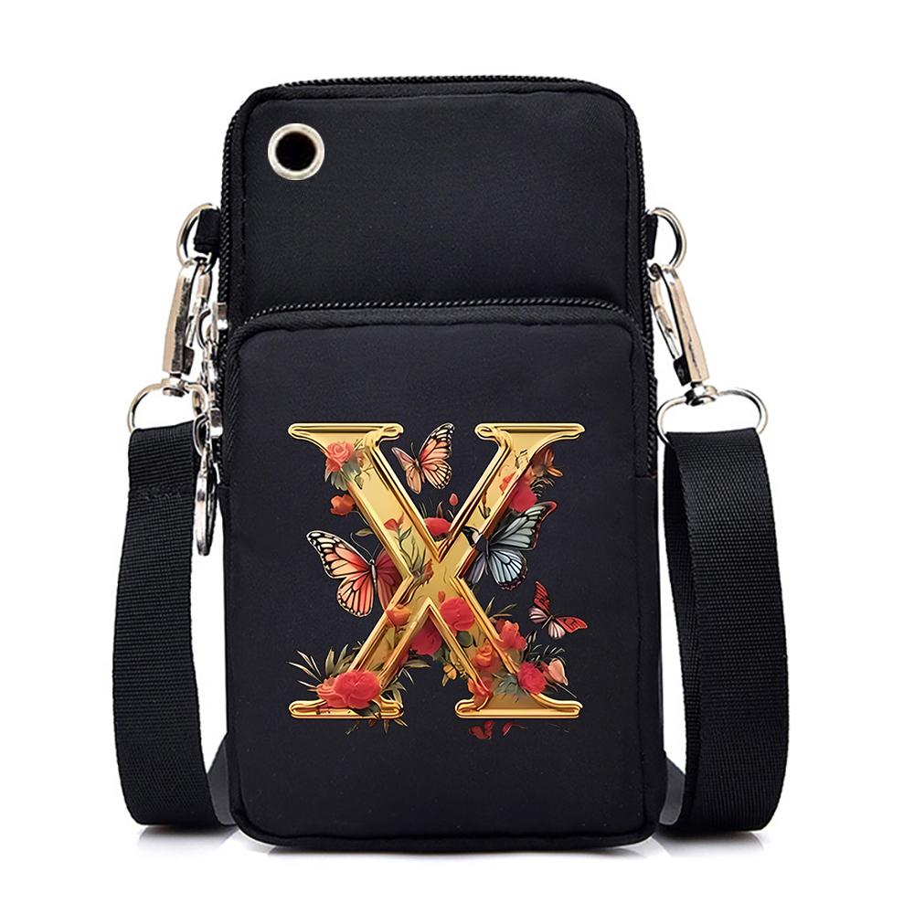 Women Small Crossbody Shoulder Bags Vintage Flower Alphabet Mobile Phone Bag Purse Soft Leather Strap Handbag Mini Messenger Bag