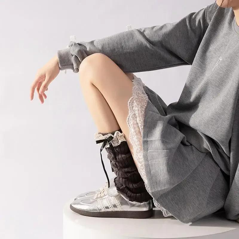Autumn Winter Leg Warmers Woman Lolita Lace Bowknot Knitted Socks Girls Knee Warmers Long Stockings Warm Foot Cover Boot Socks
