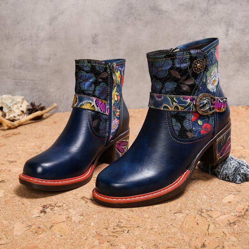 Johnature Vintage Floral High Heeled Women's Boots Genuine Leather Shoes Hand-painted Belt Buckle Fashion Short Boots