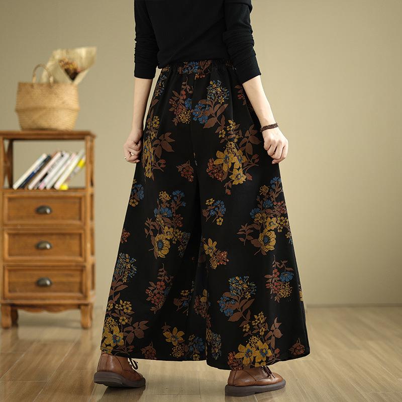 Women's Elastic High Waist Wide Leg Pants Loose Fit Floral Printed Denim Palazzo Casual Trousers