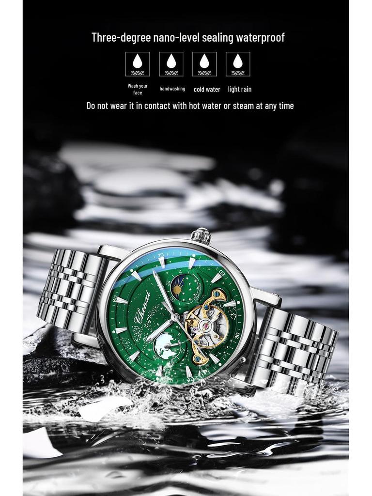 Dawn Star River Moon Phase Skeleton Tourbillon Men's Automatic Luminous Leather Strap Watch