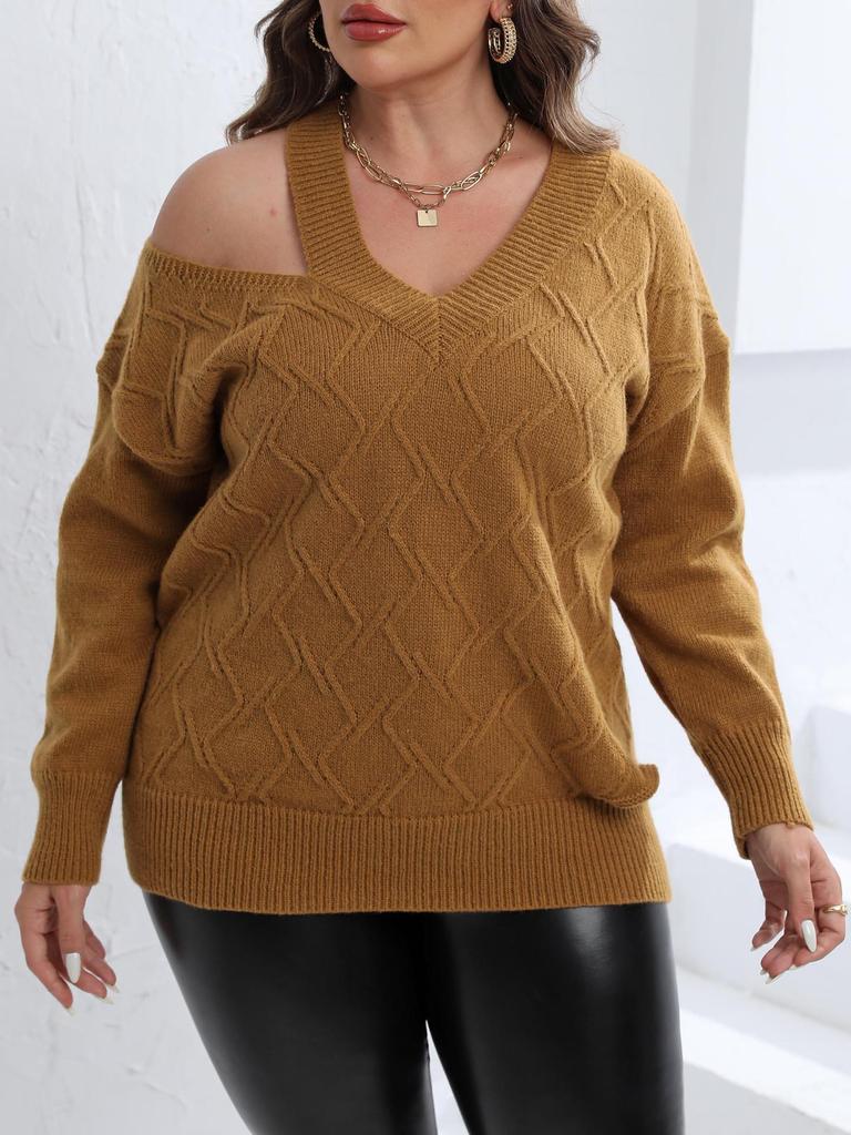 Women's Plus Size Off-the-Shoulder Knit V-Neck Sweater - Autumn & Winter Collection
