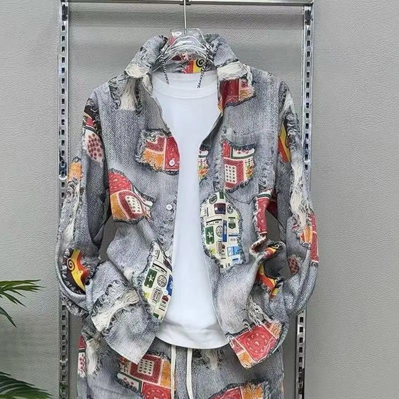 

Мужская ретро рубашка с принтом газеты на пуговицах, с длинным рукавом, повседневная уличная одежда, топ Весна-Лето M серый