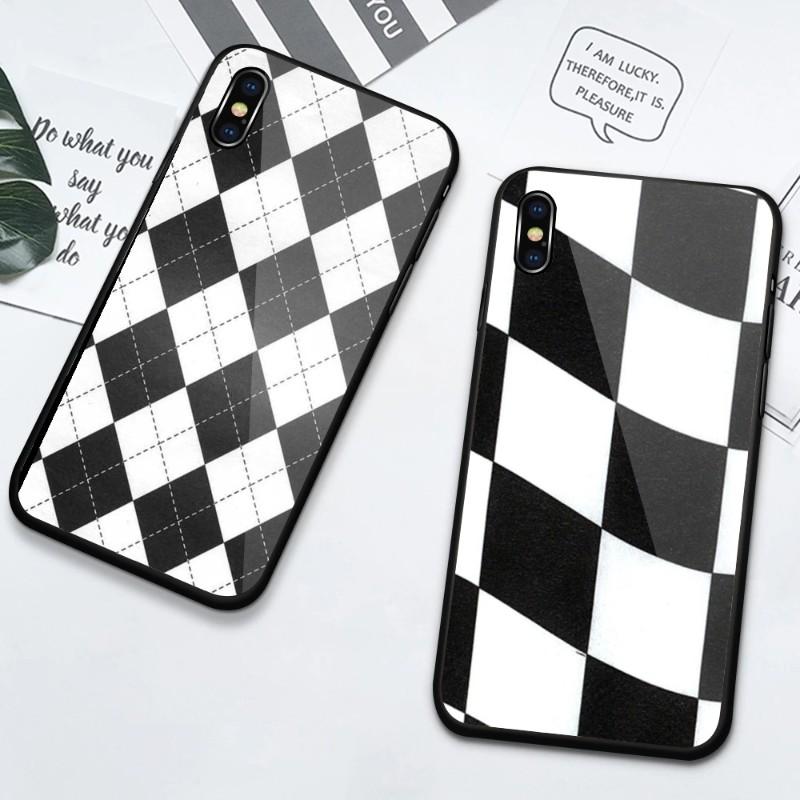 Black White Checkered Phone Case For IPhone 13 12 11 XS X 8 7 6 Plus Mini Pro Max SE 2022 Black PC TPU Glass Phone Cover