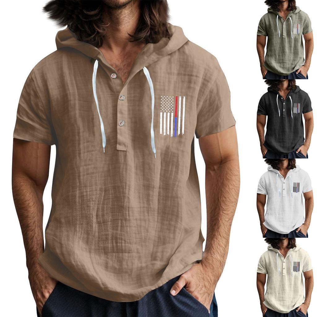Men'S Casual Short Sleeved Hooded Top Buttoned Open Neck T-Shirt