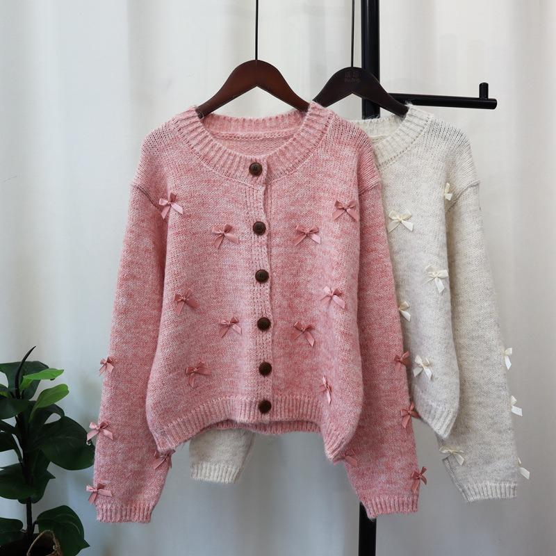 Crew Neck Bow Sweet Gentle Wind Knitted Cardigan Autumn and Winter New Design Sense Loose Sweater Jacket Women