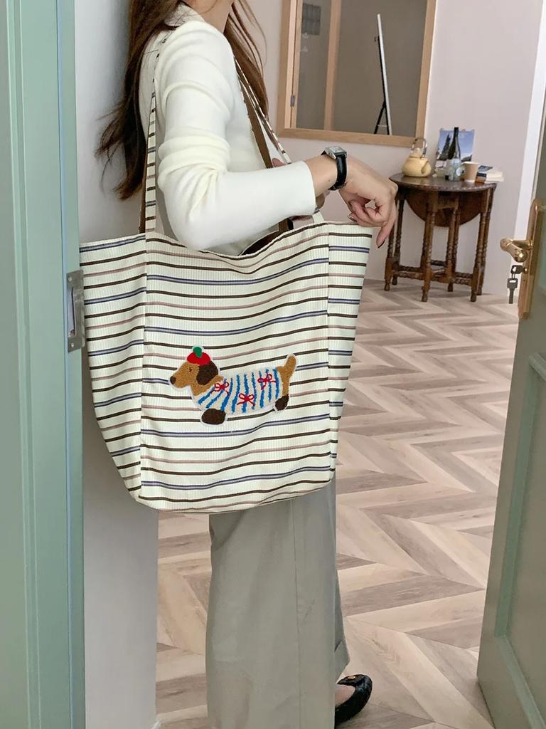 Retro Plaid Women's Tote Shoulder Bag Large Capacity Ladies Cute Dog Shopping Bags Casual Double-sided Female Corduroy Handbags