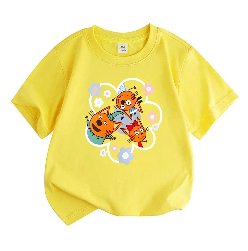 Kids Boys Girls 100% Cotton Short Sleeve Crew Neck T-Shirt, Cute Orange Cartoon Kitten Family Pattern Casual Soft Breathable Tees for Toddler Children