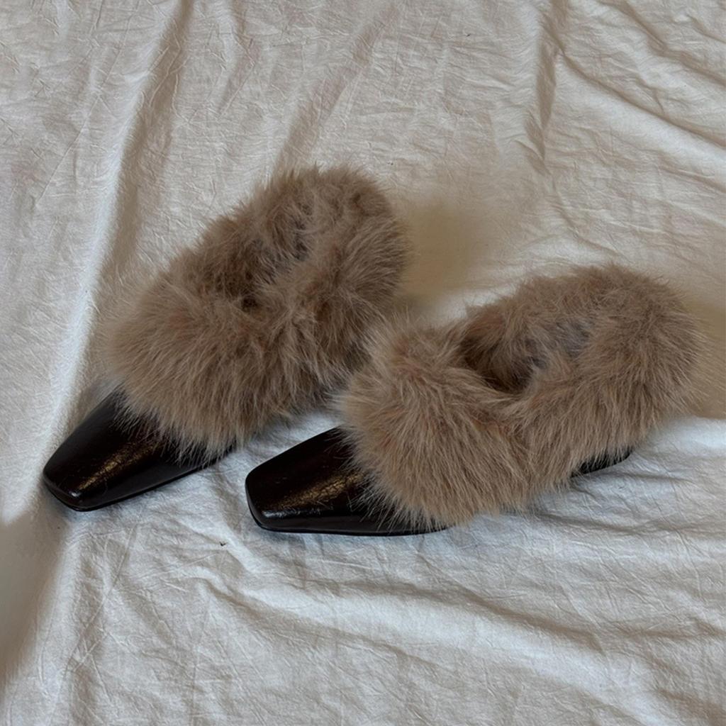 Square head thick heel fluffy shoes one pedal retro plush Mary Jane single shoes commuting warm small leather shoes