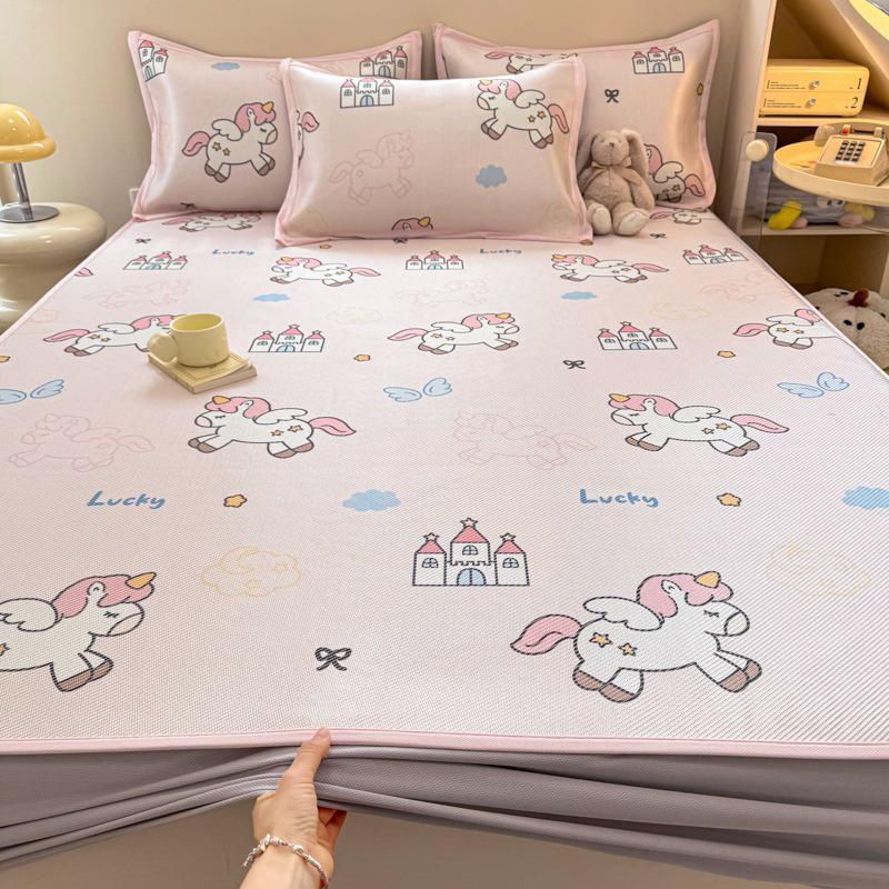 New Cute 3-Piece Ice Vine Cooling Mat Pillowcase & Bed Sheet Set with Digital Print - Spring/Summer