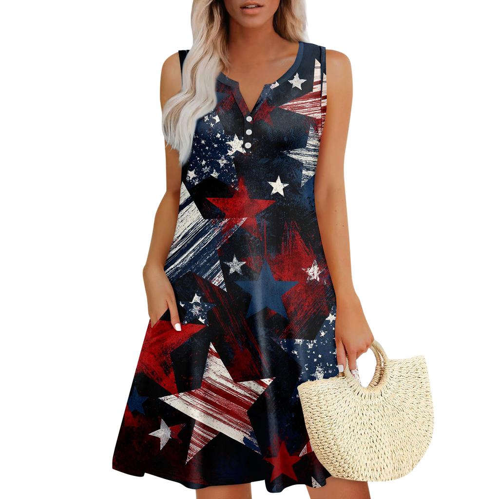 Damen Sommerkleider Lockeres V-Ausschnitt Ärmelloses Sommerkleid Kleid Mit Taschen