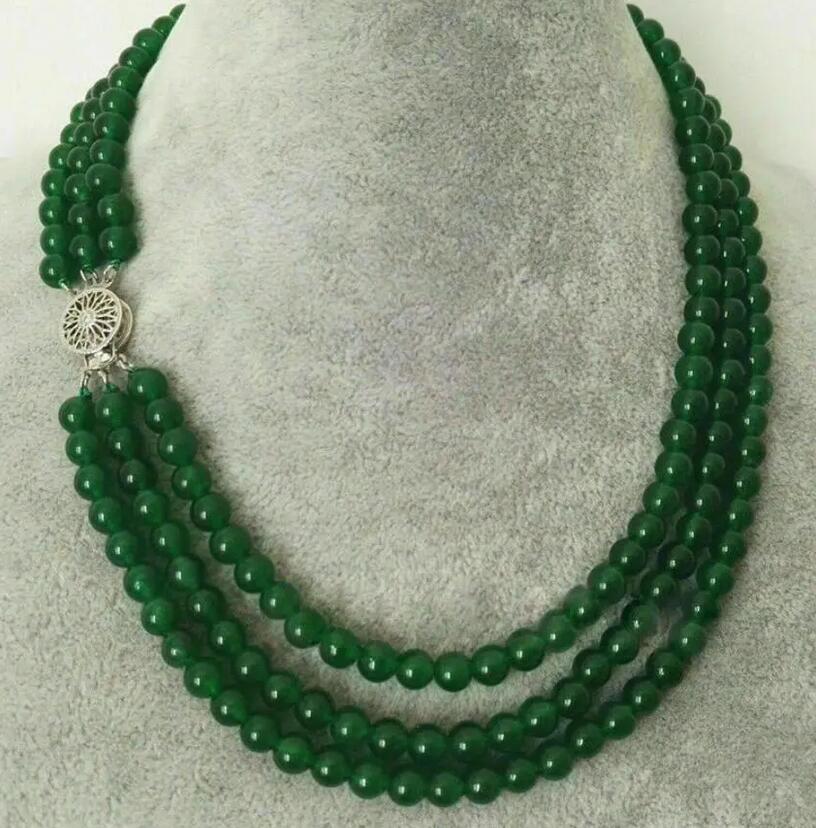 

3 ряда 6 мм натуральный зеленый нефрит круглые бусины из драгоценных камней серебряная застежка ожерелье
