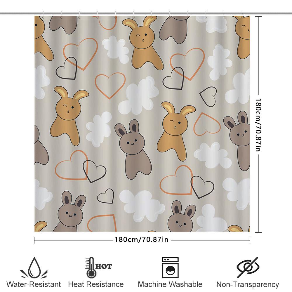 Adorable Rabbit Heart Shower Curtain Modern Bathroom Decor, Waterproof Fabric For Kids Bathing Room 72 X 72 Inches