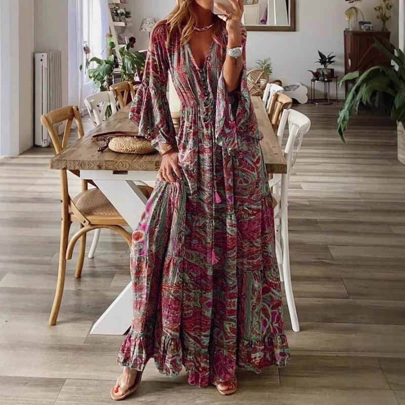 Abito Bohemian da Donna Estate Manica a Svaso Stampa Floreale Scollo a V Ampio Abiti da Donna Elegante Linea ad A Vita Alta Abito da Donna per Vacanze al Mare