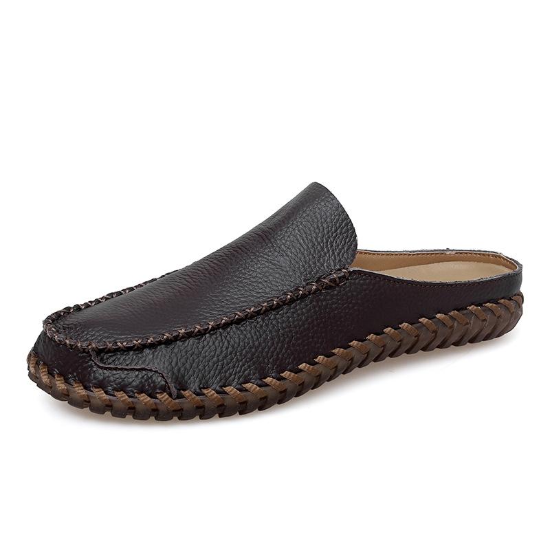 Large Size Men's Slippers Wear Half Slippers Outside, First Layer Leather, Summer Breathable Fashion Trendy Shoes Bag Head Casual Shoes
