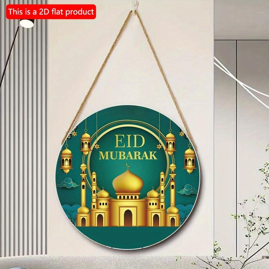 2D Flach 20cm 1Stück Eid Mubarak prächtige Moschee & Laternen Muster Gute Qualität Runder Holzanhänger, Grüner Retro verzierter Stil Eid Dekoration zum Feiern
