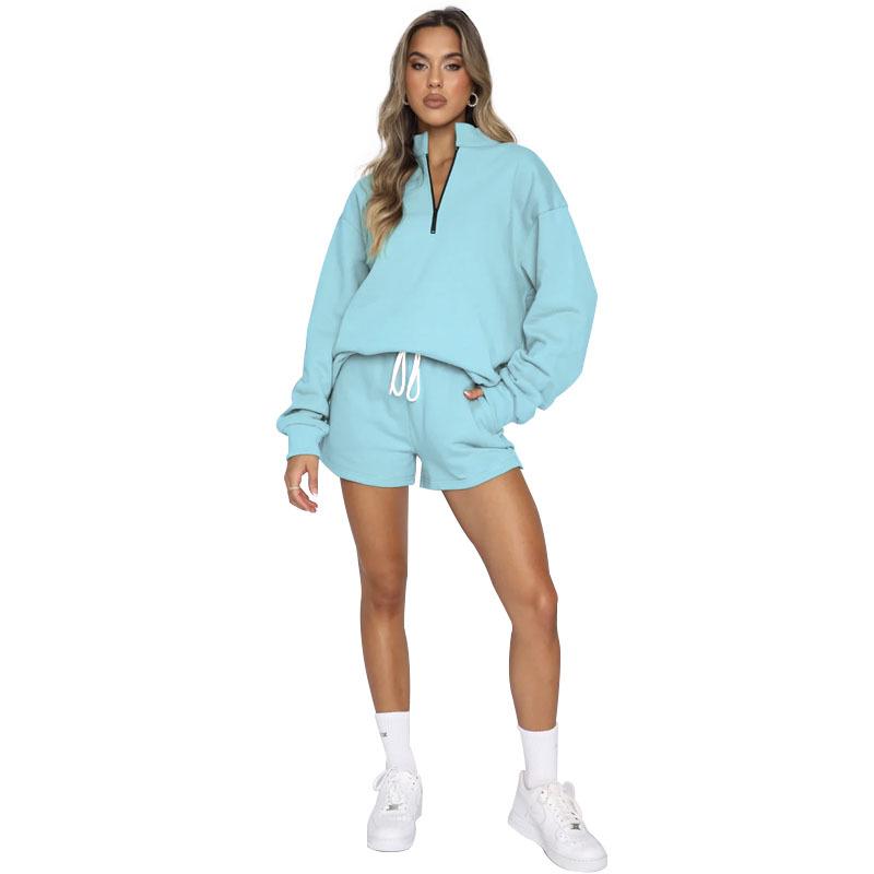 New Autumn-Winter Pure Color Stand Collar Zipper Pullover with Long Sleeves and Shorts: Women's Fashion Set