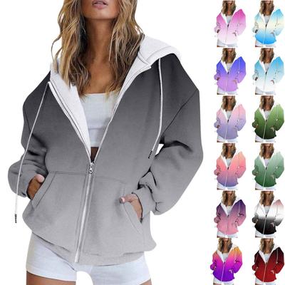 Women's Fashion Casual Printed Sweatshirt Autumn And Winter Long Sleeve Pocket Cardigan Jacket Zipper Hoodie Coat