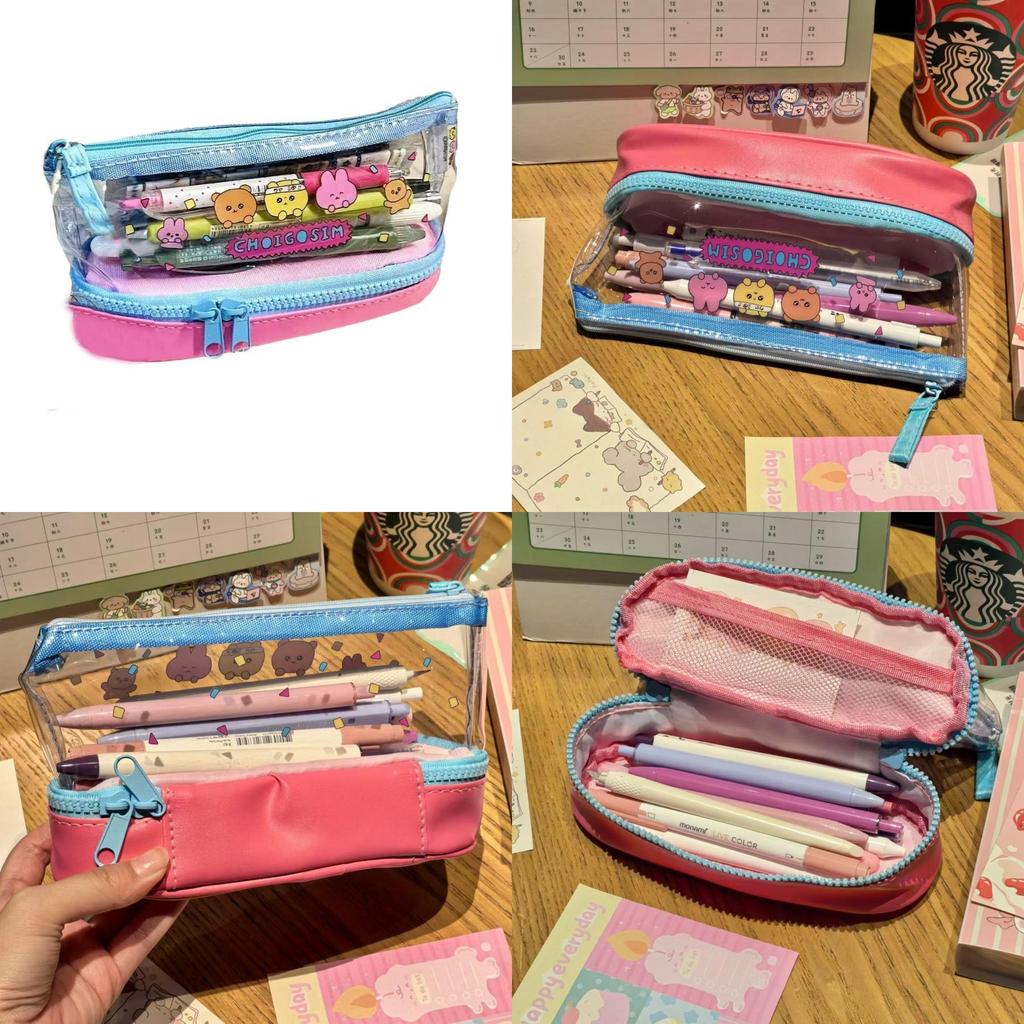 Simple Dual Layer Transparent Pencil Case With Large Capacity For Students And Office Supplies