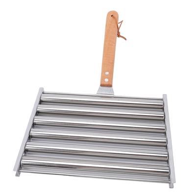 Hot Dog Roller Sausage Rack with Wood Handle Stainless Steel BBQ Hot Dog Griller for Evenly Cooked Dogs 5 Capacity