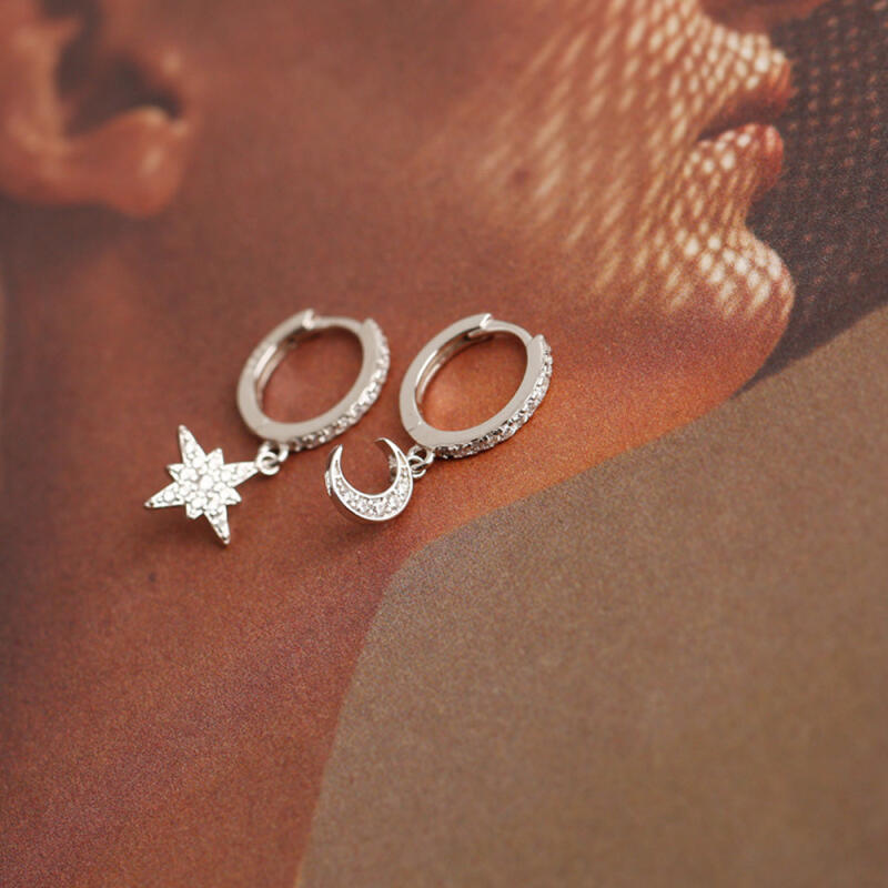 Cavus 925 Silver Shining Moon Star Earrings