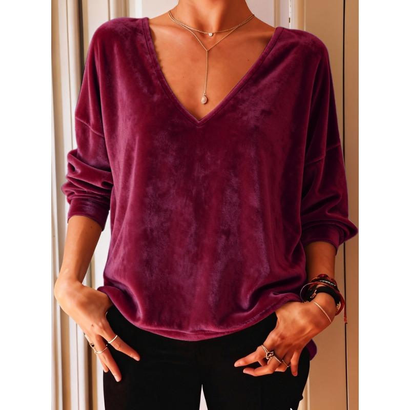 Blusas y Camisas Casuales de Moda para Mujer JPNTKY Estampado de Color Sólido Manga Larga Cuello en V