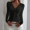 Women's Fashionable Casual V-neck Lace-Trimmed Striped Cardigan T-shirt Long-Sleeved Top