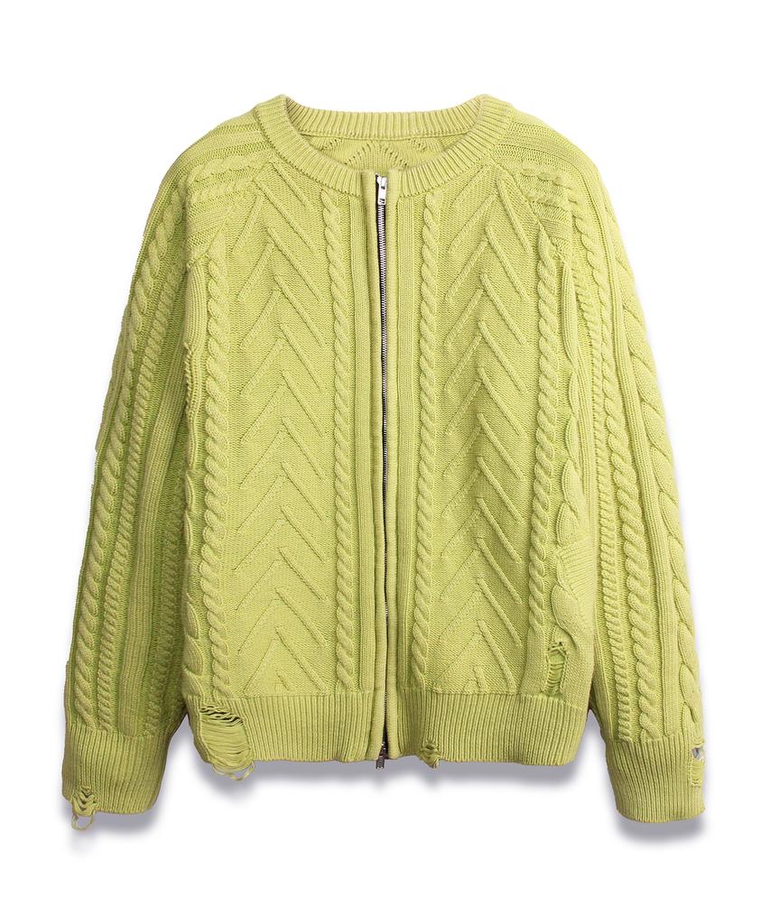 DOFFJASON Vintage Washed Cable Knit Zip-Up Lime
