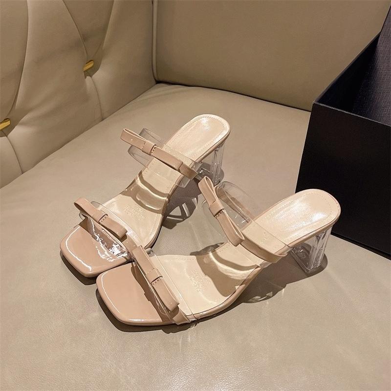 Fashion Clear Crystal Block Heel Outer Slippers 2025 Summer New Bow Square Toe Open Toe Platform One Word Mopping