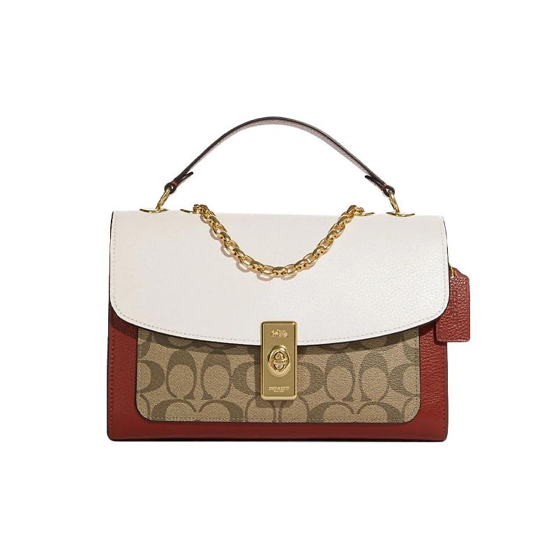

COACH Lane 26 chain gold buckle presbyopia cow leather handbag shoulder crossbody bag medium size women s light khaki and white золотий
