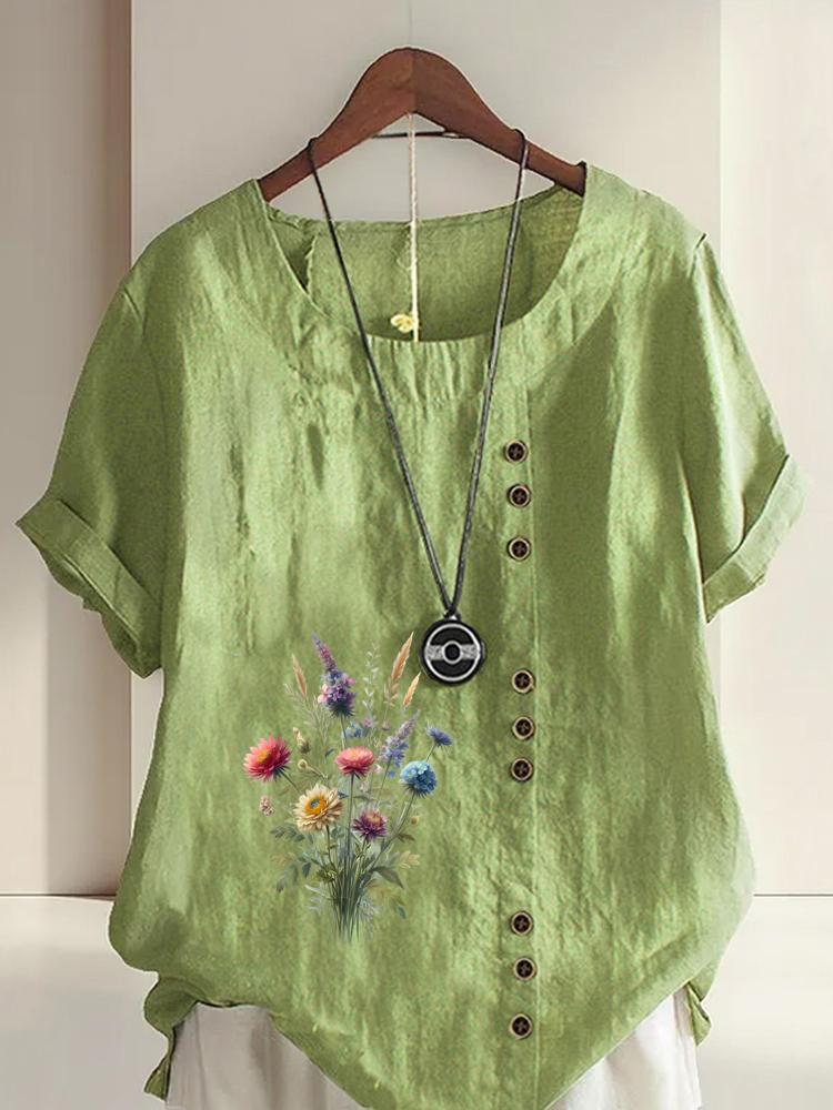 

Women s Fashion Flower Printing Casual Cotton Linen Short Sleeve Round Neck T-shirt Shirt Leisure Loose Summer Blouse Tops 5XL зелений