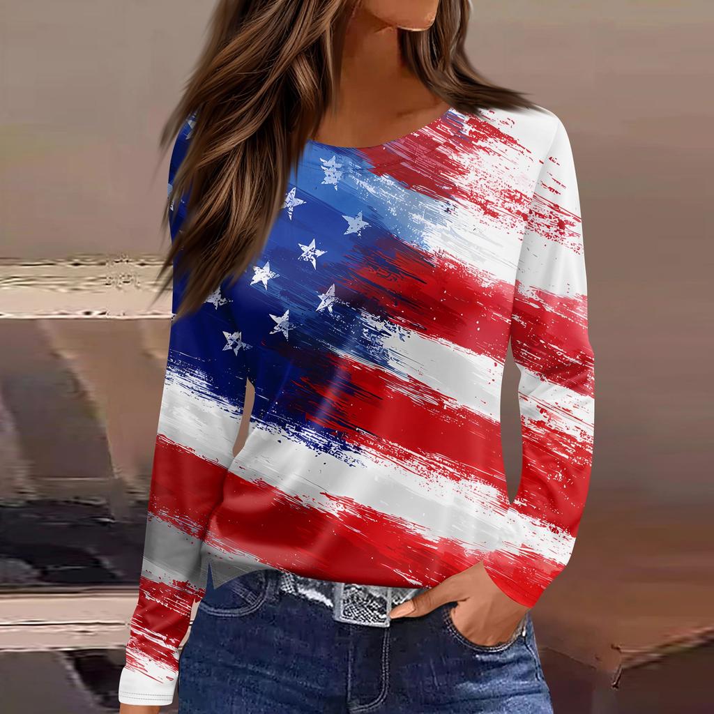 Women’s Long Sleeve Crewneck Top with American Flag and Floral Print Casual Loose Fit Pullover for Daily Wear