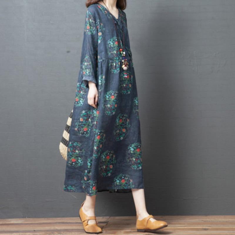 

Loose Women s V-neck Linen Dress M темно-синий