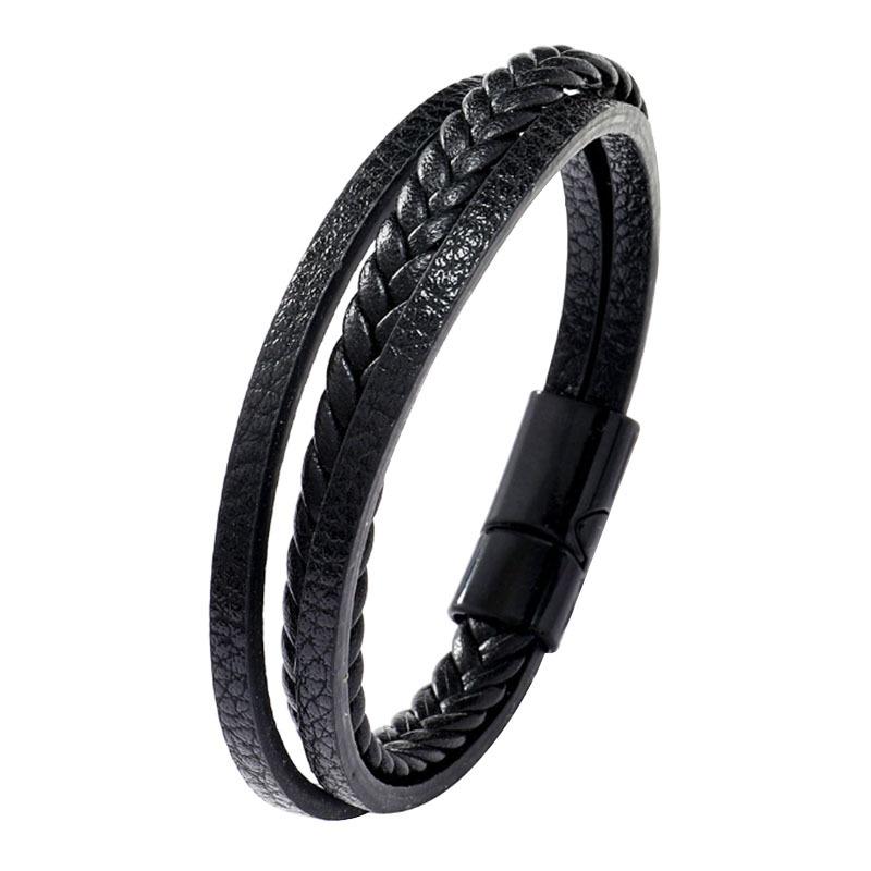 Black Multi Layers Leather Bracelet for Men,Metal Tube Charm Handmade Braided Rope Leather Bracelet,Gift for Husband Dad Son