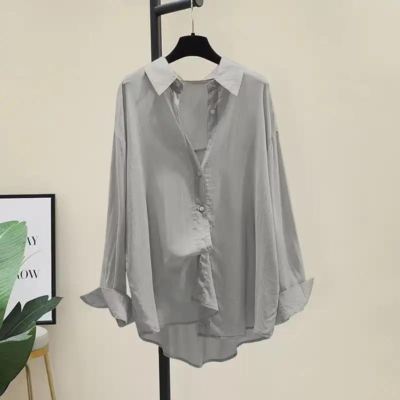 

Женская белая свободная прозрачная рубашка с длинным рукавом, на пуговицах, повседневная блузка с изогнутым подолом S