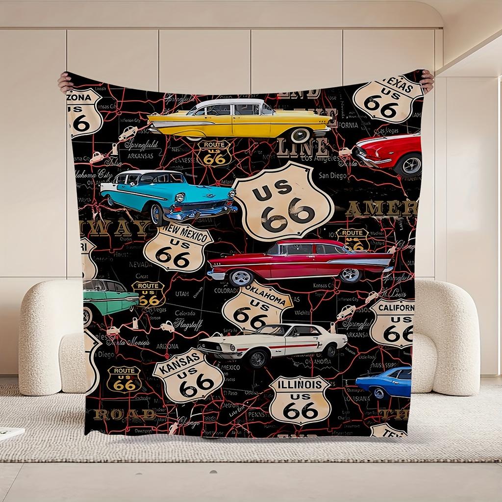 1 pc, Flannel Blanket, Vintage USA Map (Classic Cars) Pattern, Soft, Warm and Comfortable Sofa Bed Office Blanket, Lunch Blanket