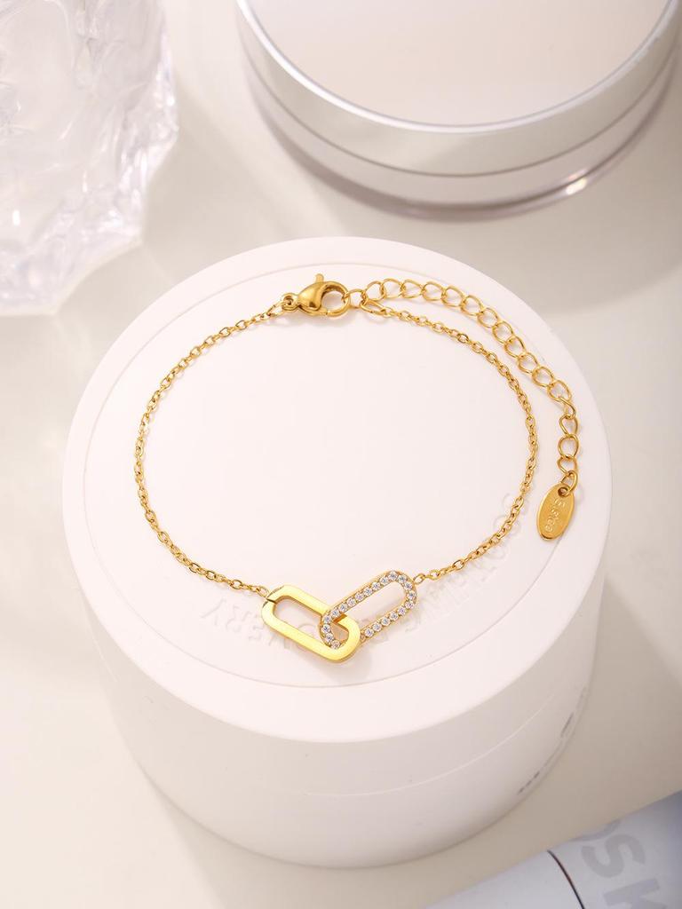 Qiong Yao Minimalist Zircon Stainless Steel Double Ring Necklace Bracelet Set - No Fading.