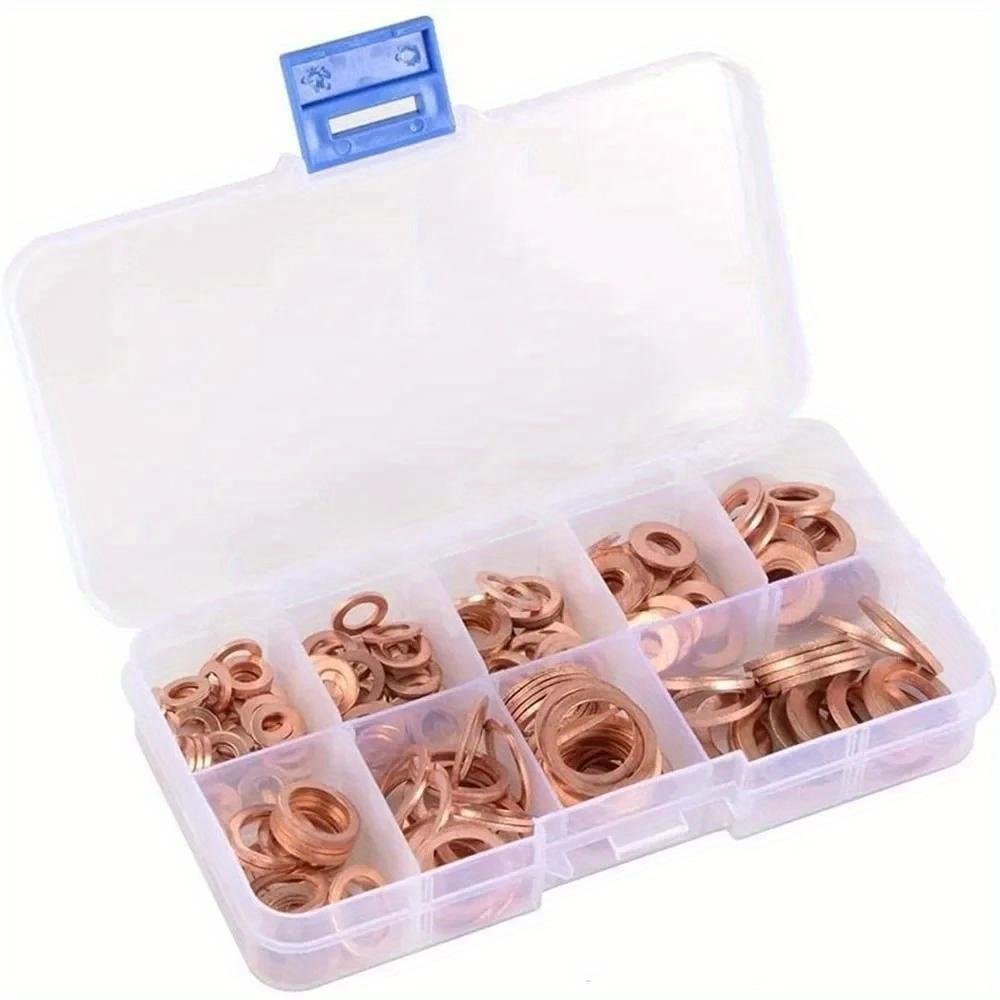 200Pcs Copper Washer Gasket Nut and Bolt Set Flat Ring Seal Assortment Kit with Box M5-M14 for Sump Plugs