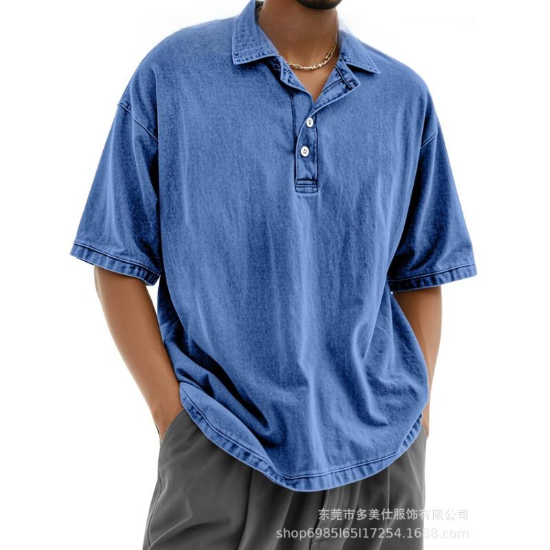 Mens Casual Washed Solid Color Drop Shoulder Short Sleeve Polo Shirt