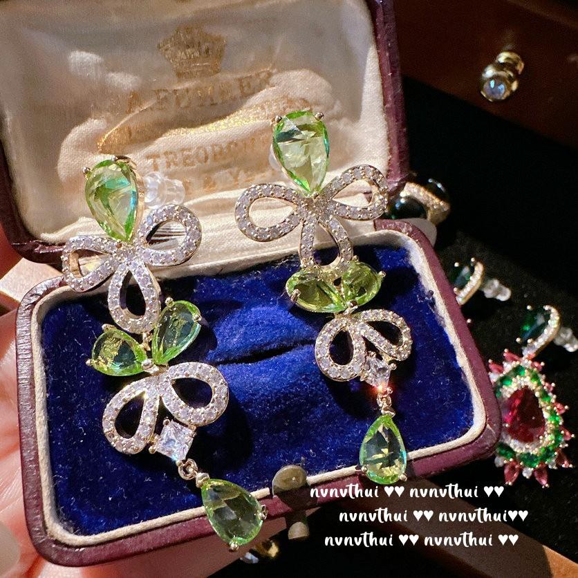 Mojito Emerald Dragon Fruit Earrings, Antique, Plated 18K Gold, Malachite Green Pea Zircon Flower Earrings